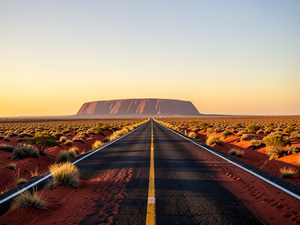 Outback highway toward Uluru golden hour sand sparse