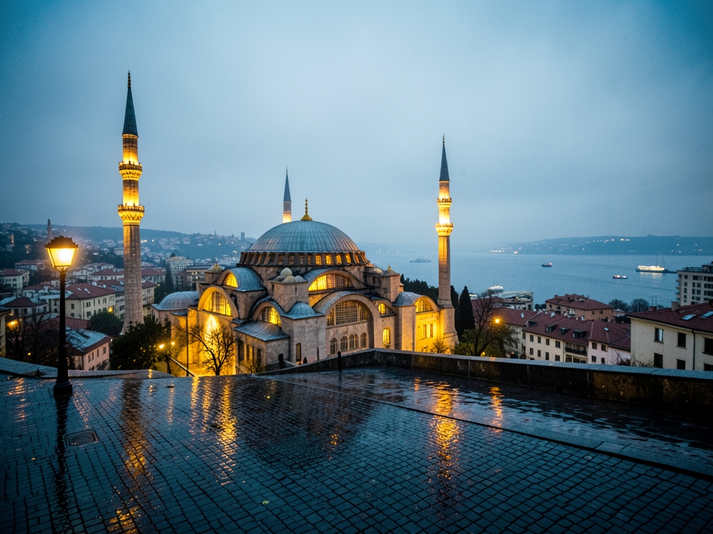 Rainy Istanbul evening with Hagia Sophia domes minarets
