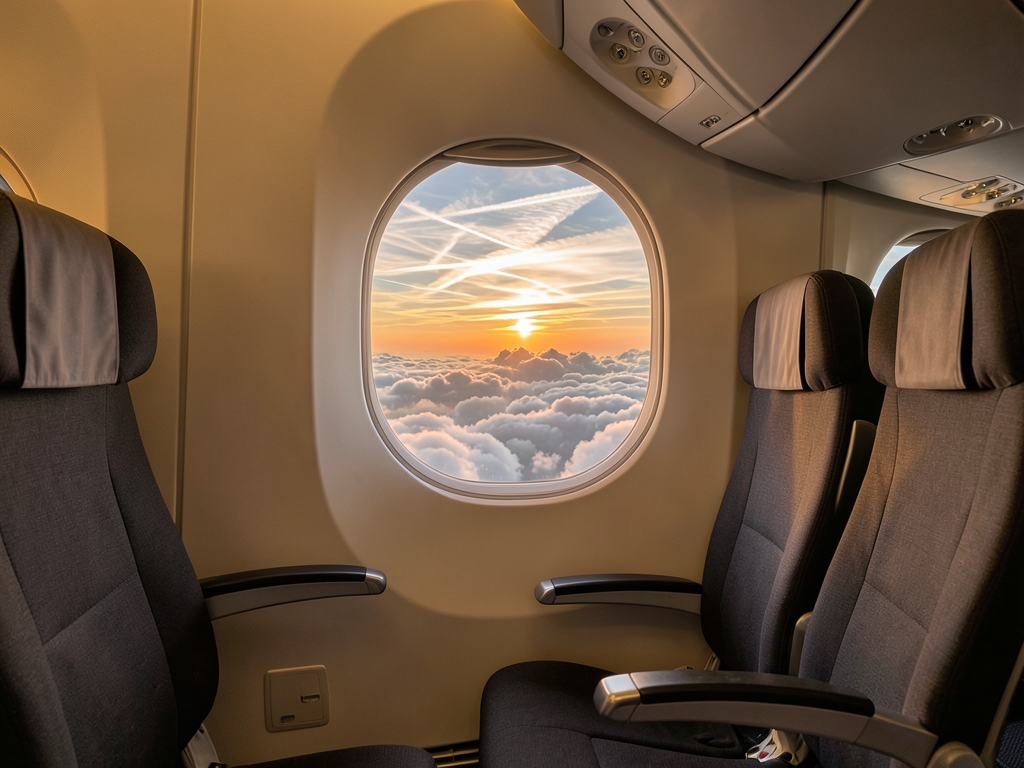 Airplane cabin window view layered clouds sunset empty
