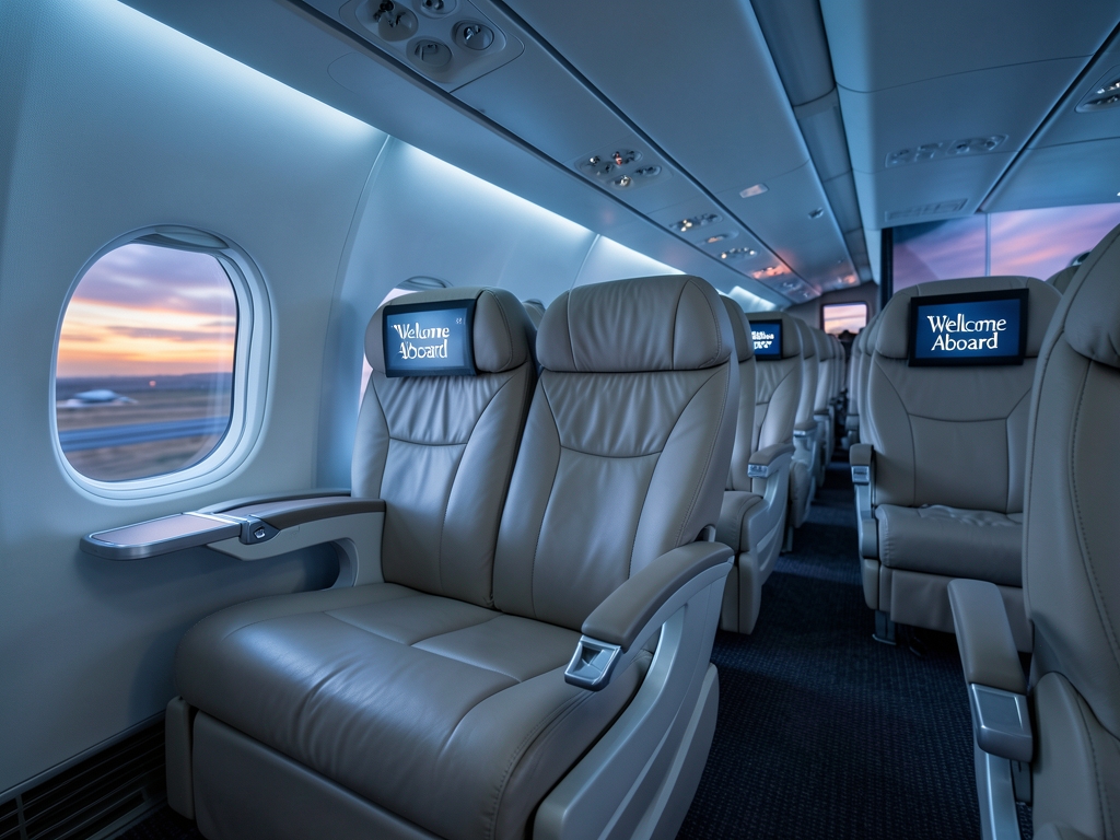 Spacious airplane cabin dusk with wide reclining seats