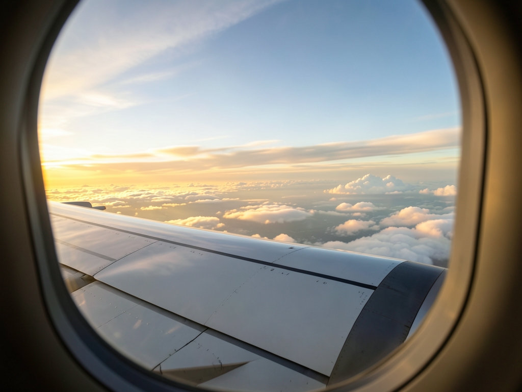 Wide airplane wing over glowing sunset clouds viewed