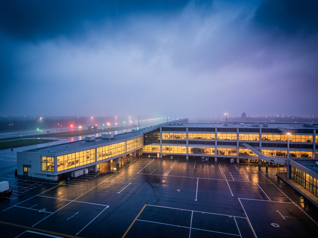 moody rain swept view London Heathrow twilight with warm