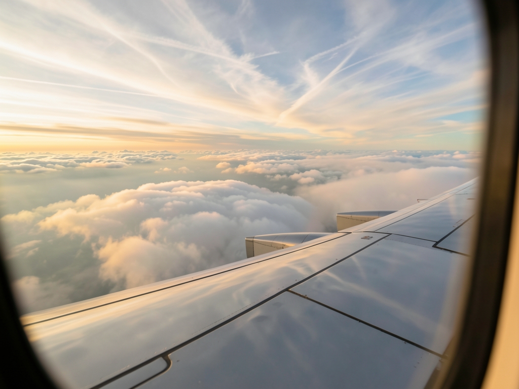 Airplane wing over layered clouds sunset warm golden