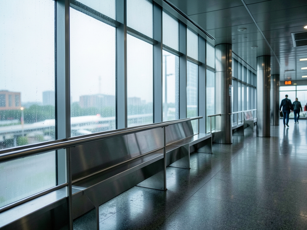 Rain softened departure hall with brushed metal surfaces expansive