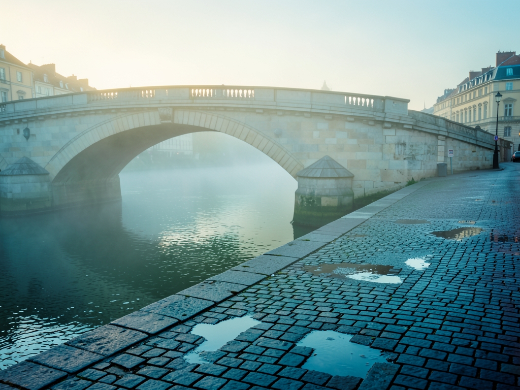 Soft dawn mist over European river bridge with