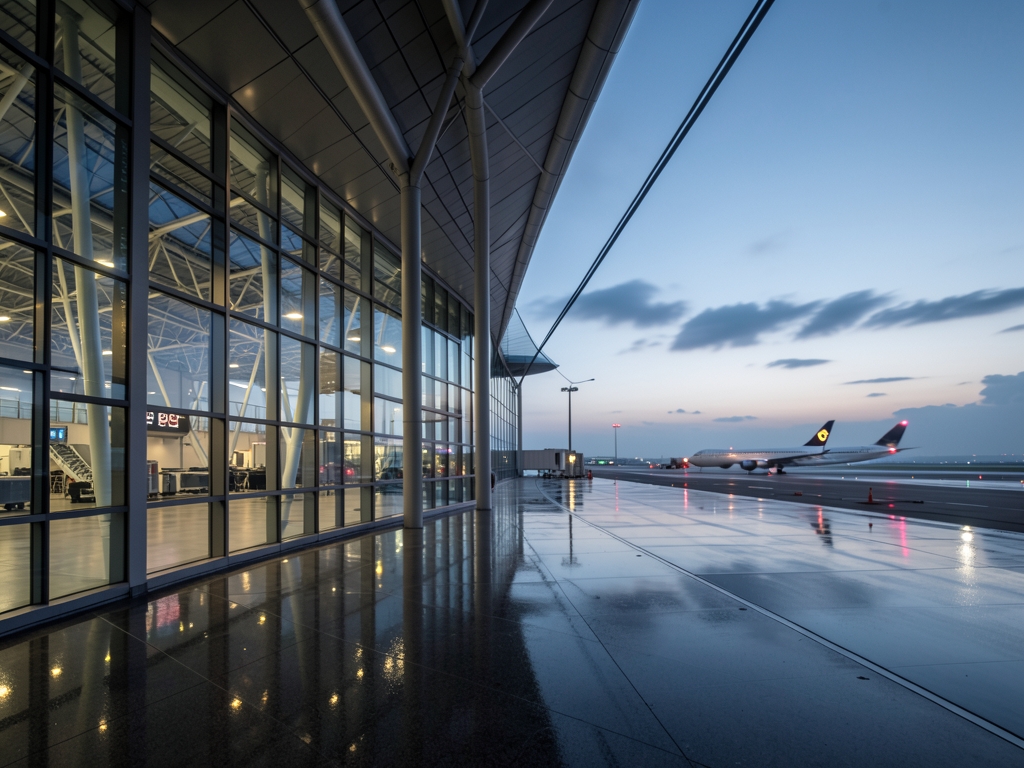 Modern glass and steel airport terminal twilight runway reflections distant