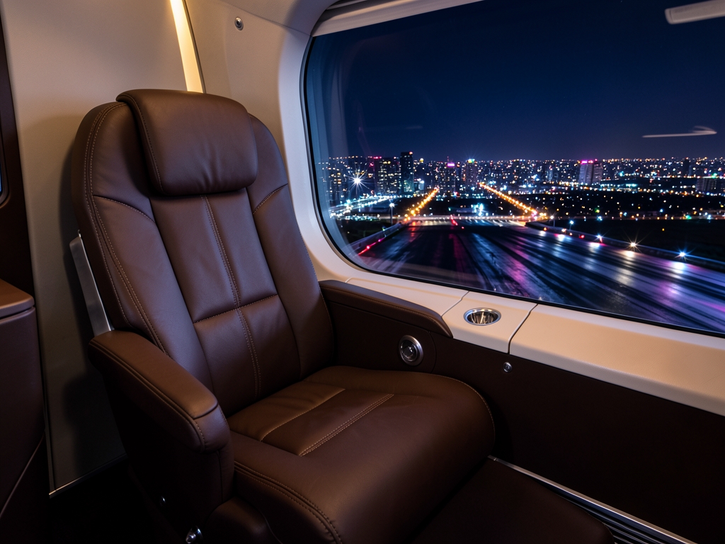 Modern aircraft suite with leather seat beside dark