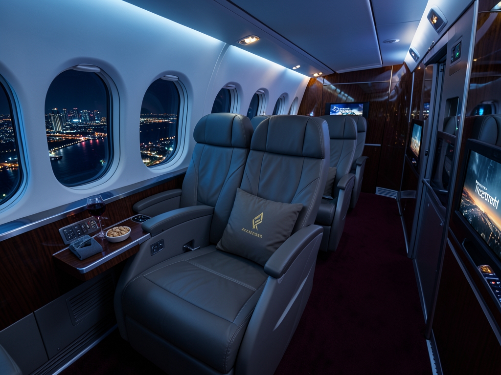 Premium airplane cabin interior night with wide reclining