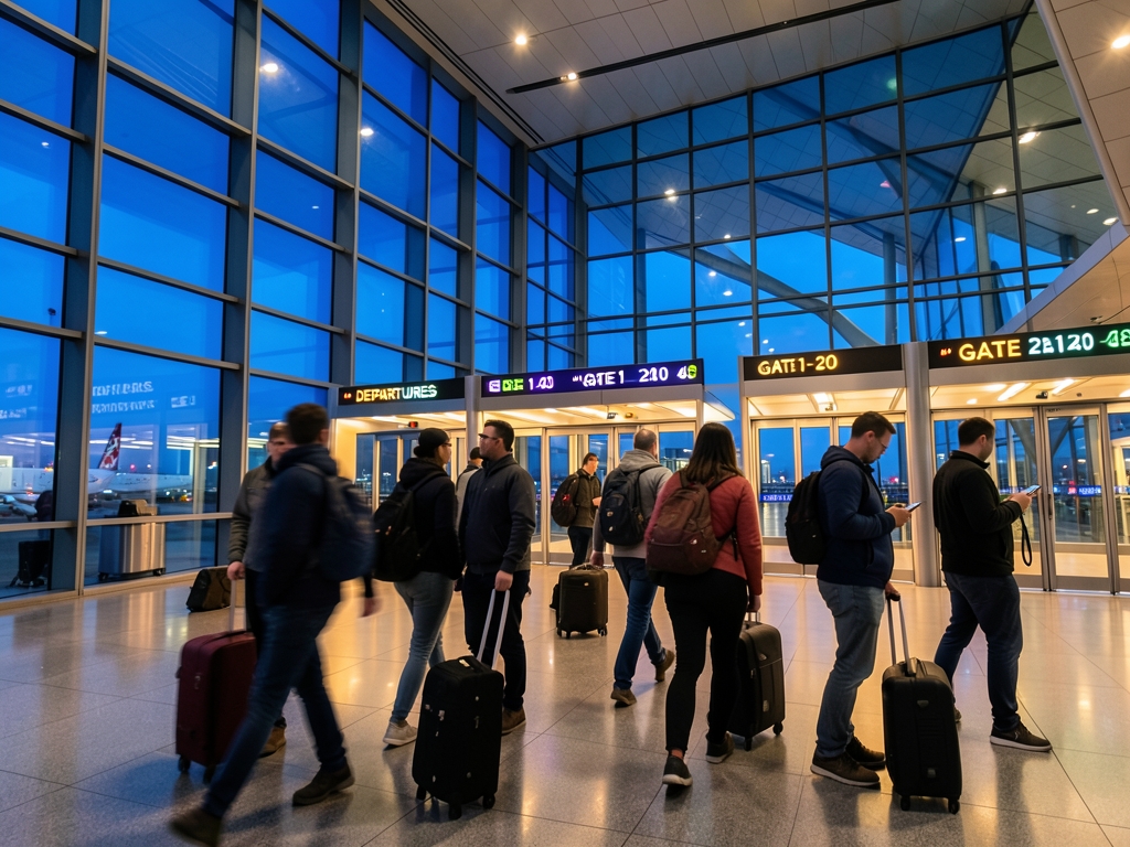 Modern glass airport terminal dusk with travelers walking