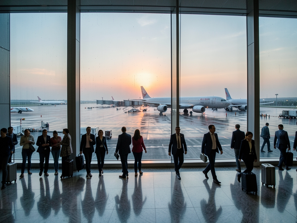 Terminal window dawn overlooking parked jets tarmac gray gold