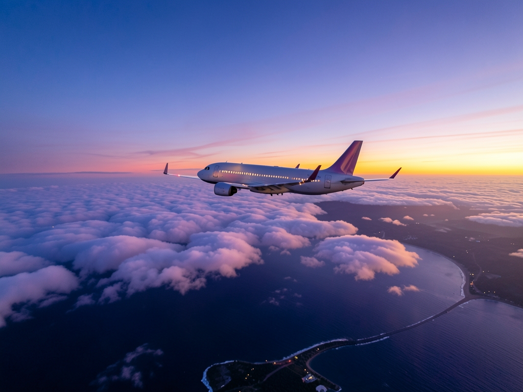 Aerial dusk scene passenger cruising above layered clouds