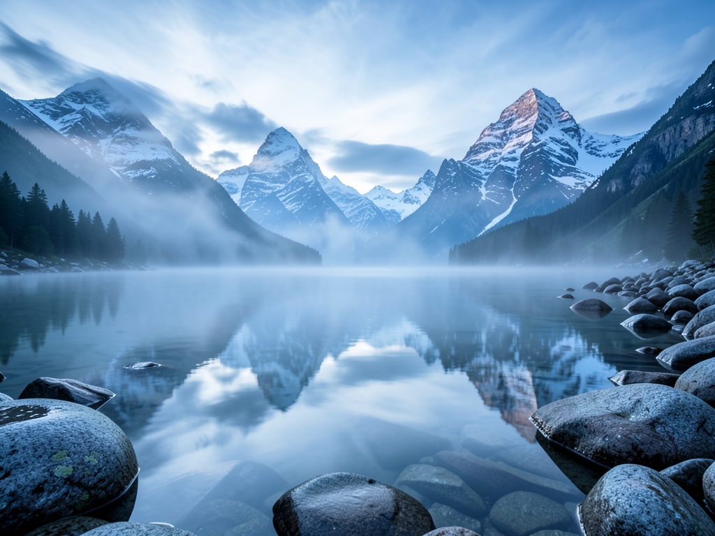 misty alpine lake dawn cool silver blue light breaking