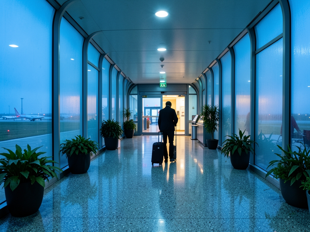 quiet Amsterdam airport terminal corridor blue hour polished