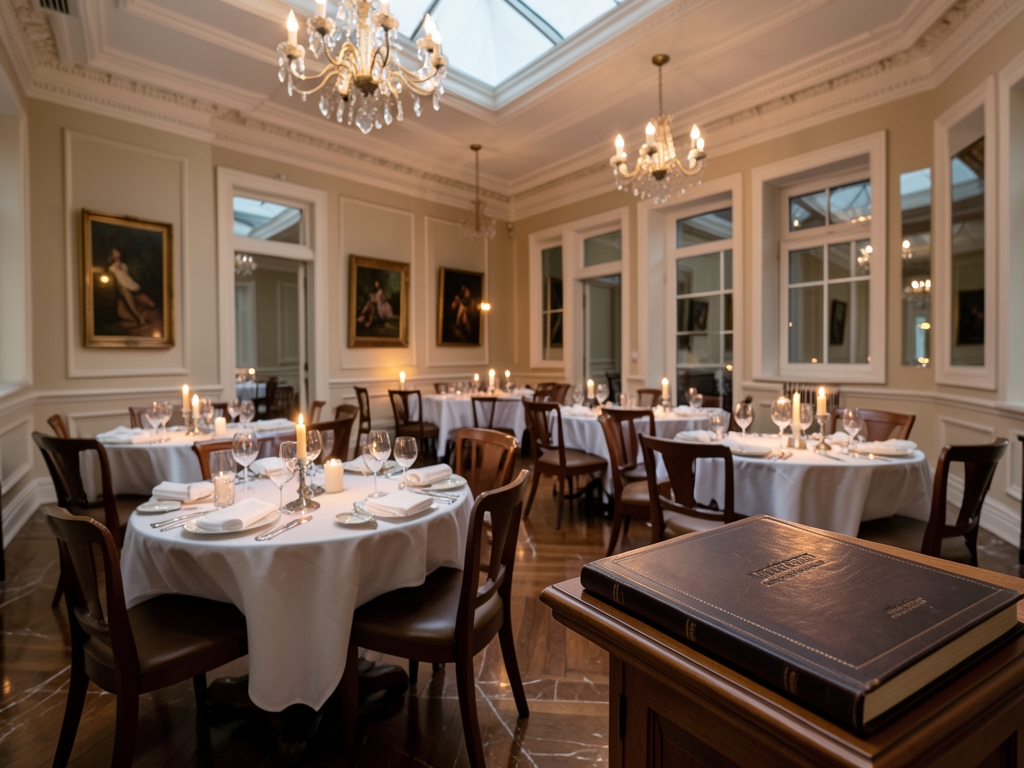 Elegant dining room with candlelit place settings empty