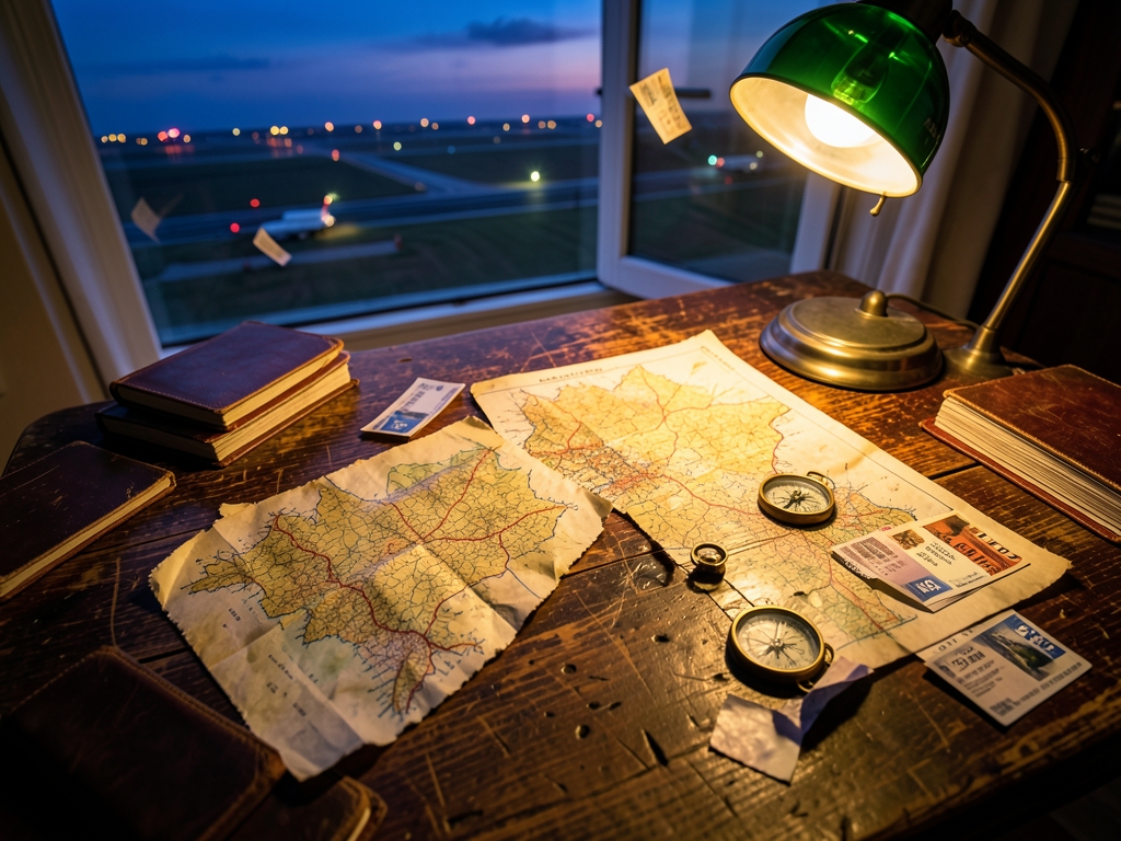 Overhead view weathered wooden desk scattered with crumpled