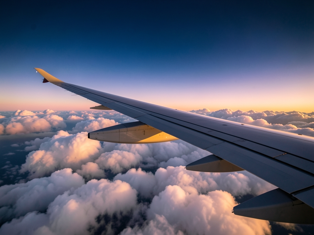 Airplane wing cutting through sunlit clouds high altitude