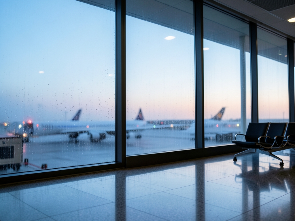 Quiet airport departure lounge dawn rain streaked glass wall