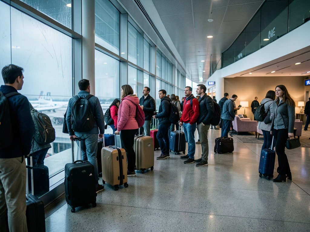 Busy airport terminal corridor near quiet lounge threshold