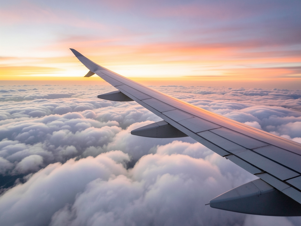 Airplane wing above soft clouds golden sunset warm