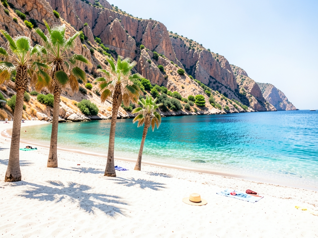 Sunny Mediterranean beach Antalya with turquoise water white