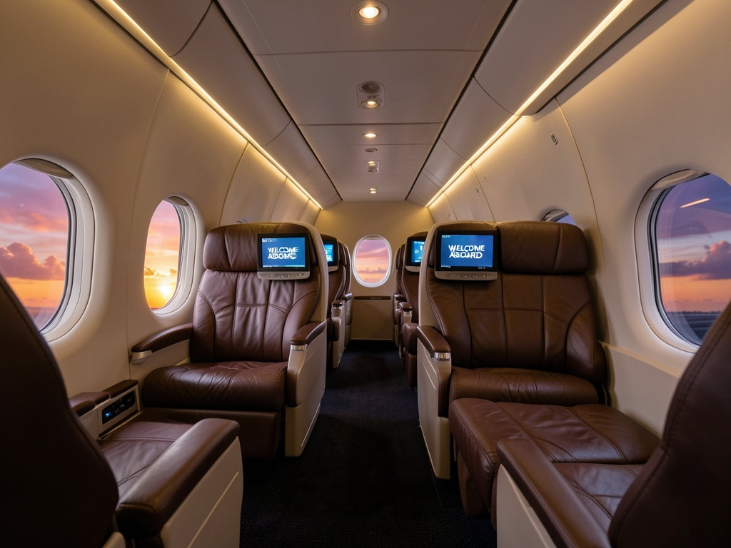 Spacious business class airplane cabin with leather seats