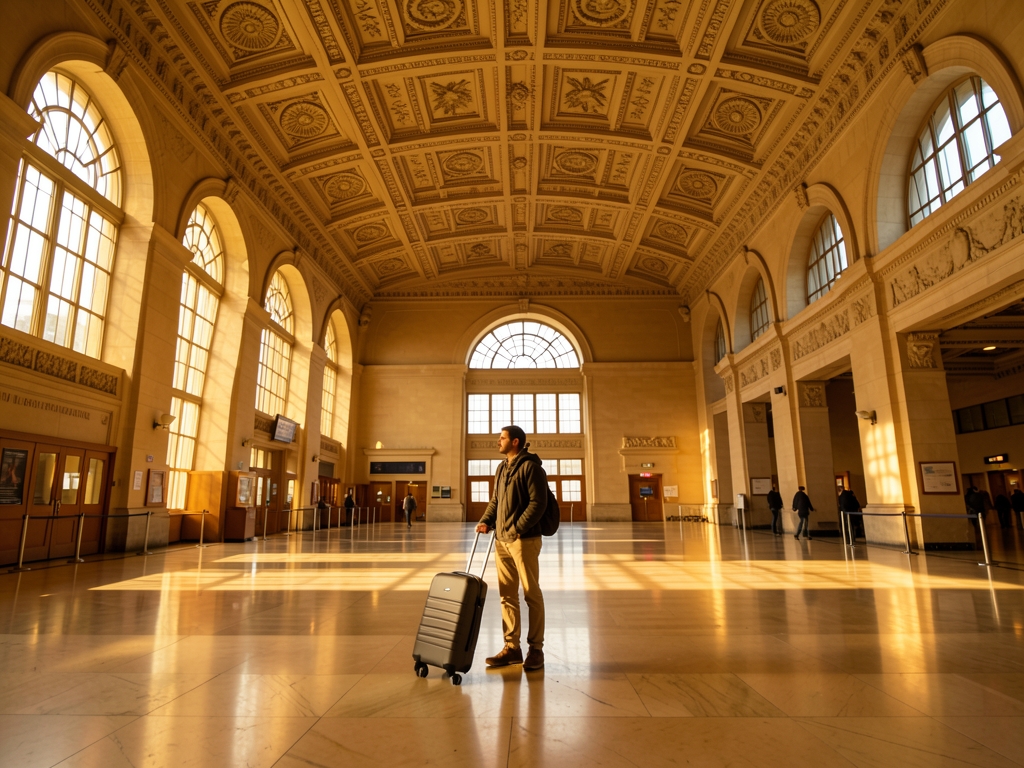 Late morning sunlight through tall windows Washington Union Station s