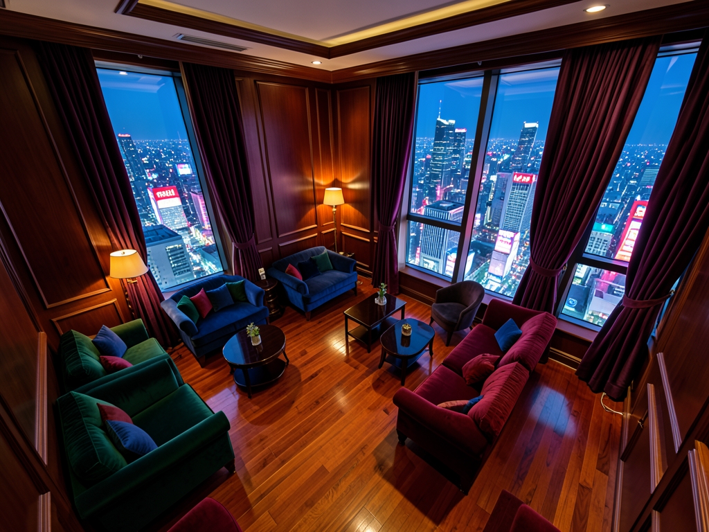 Aerial view luxurious private lounge interior featuring rich