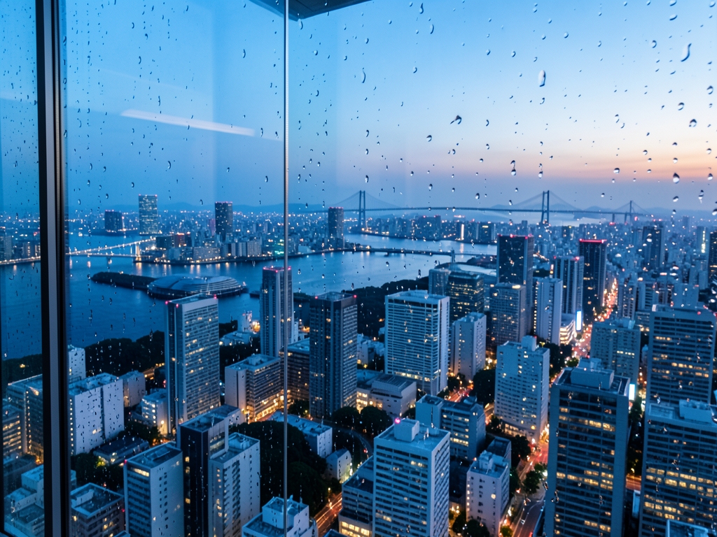 twilight aerial view Tokyo s glowing skyline seen through