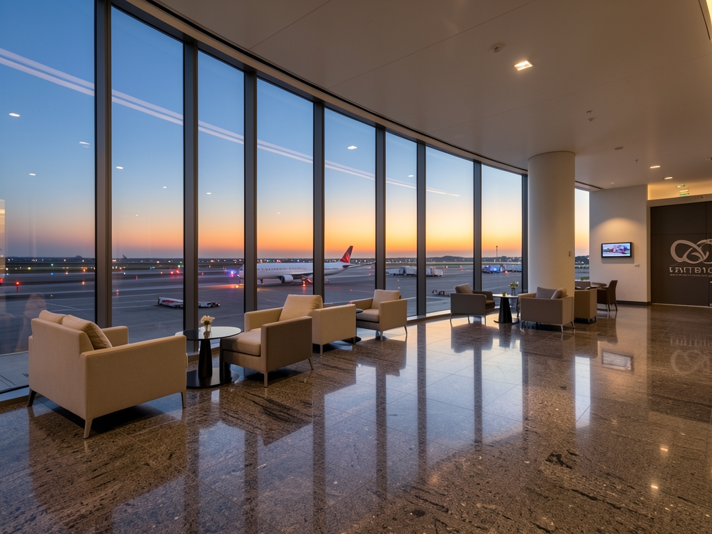 Sleek airport terminal lounge with polished stone floors
