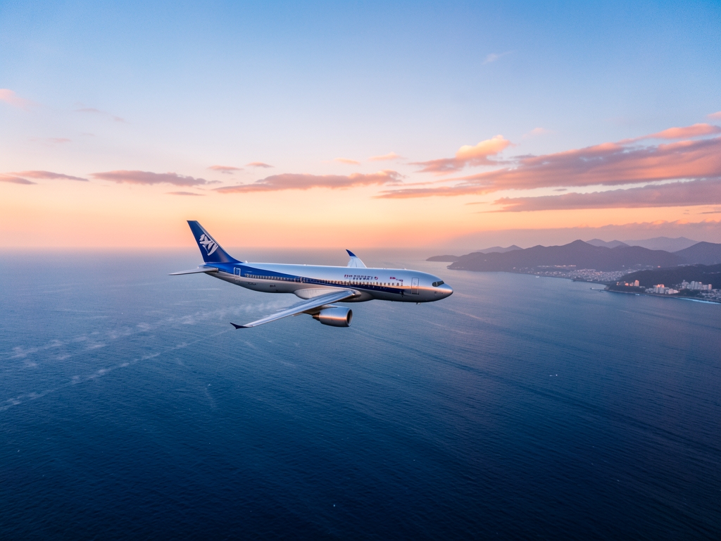 Aerial view modern airliner cruising above calm ocean