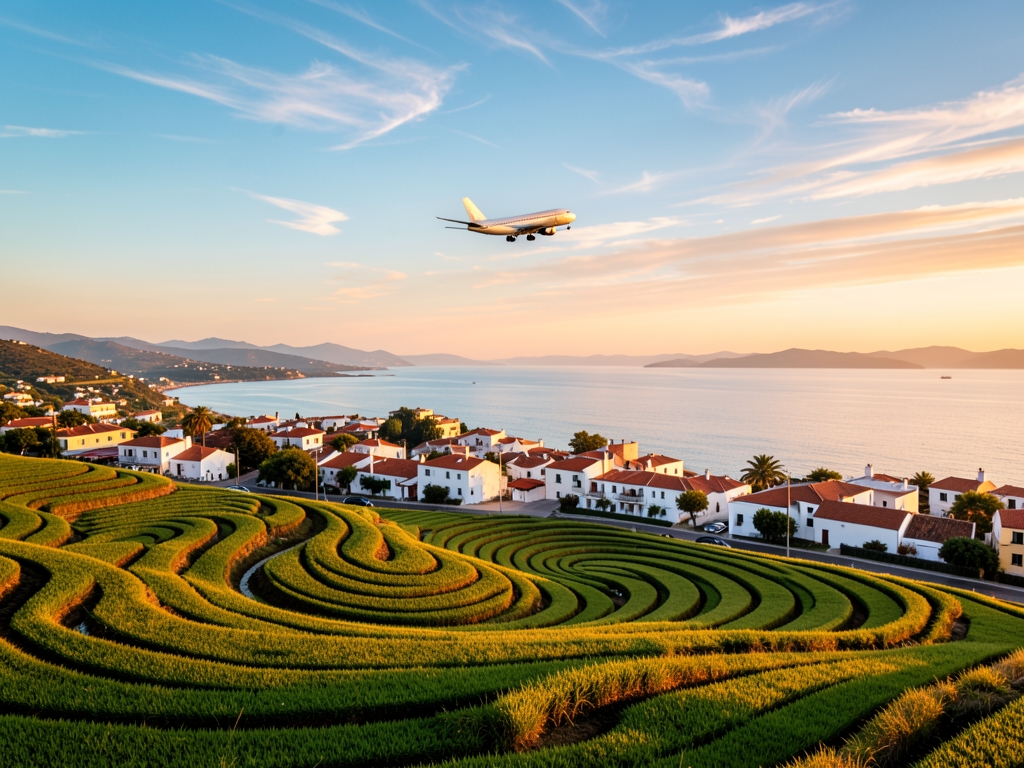 Above coastal towns rice fields golden hour distant