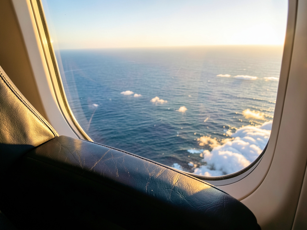 Airplane window framing vast Pacific Ocean golden hour