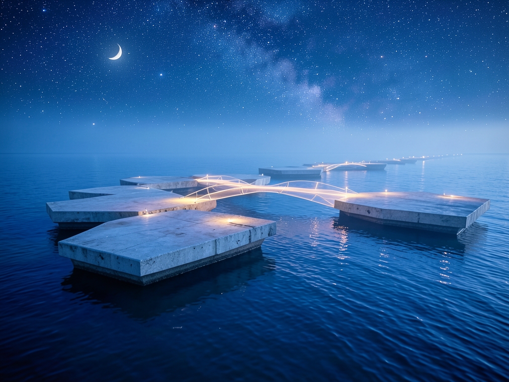 Ethereal landscape floating geometric stone platforms drifting over