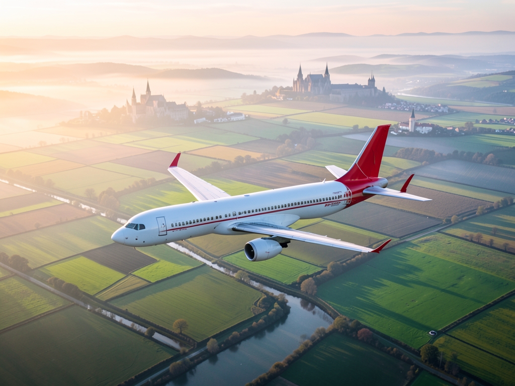 Aerial view red tailed airliner cruising above patchwork European