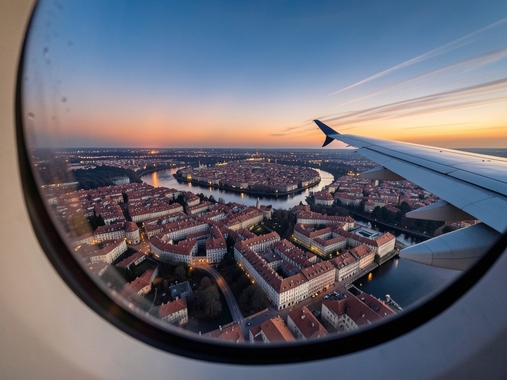 Aerial view European city dusk from airplane window
