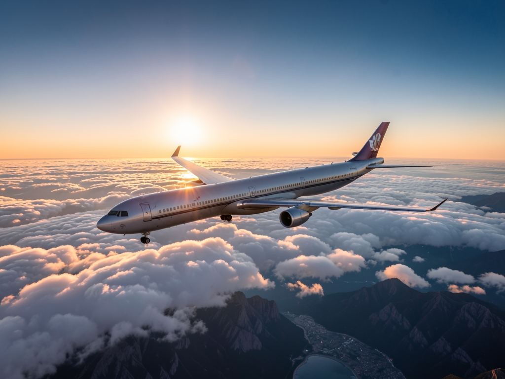 Aerial view long haul aircraft climbing above layered clouds