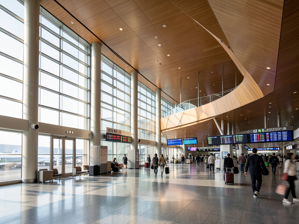 Wide shot modern Japanese airport terminal interior polished