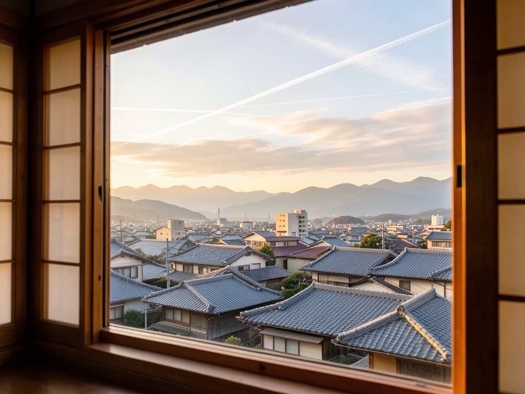 serene Japanese cityscape golden hour seen from high