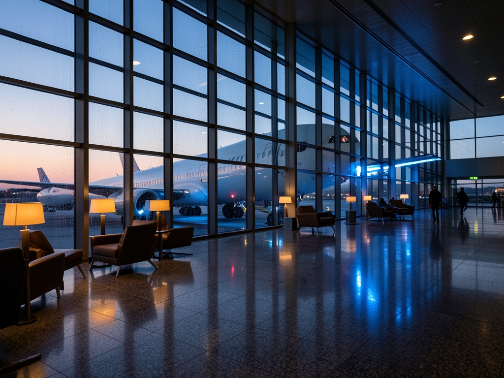 quiet European airport terminal dusk rain streaking tall