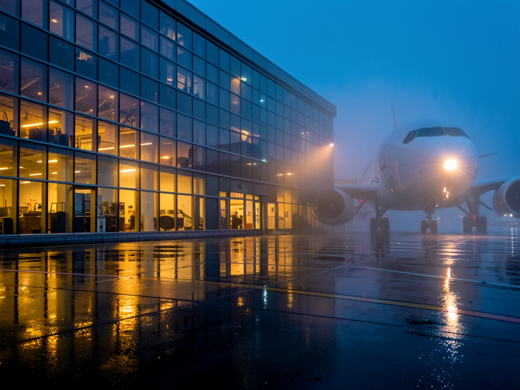 rain slicked European airport apron dusk glass terminal architecture