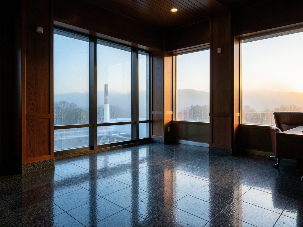 misty Japanese airport lounge dawn with polished stone