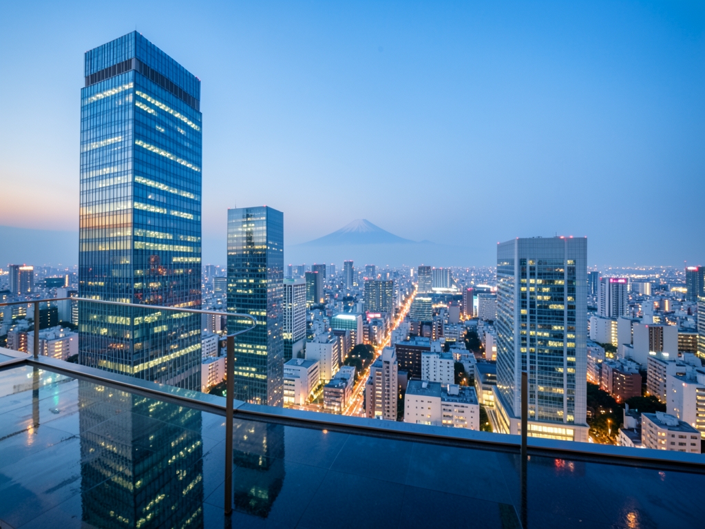 serene evening view Tokyo skyline from elevated terrace