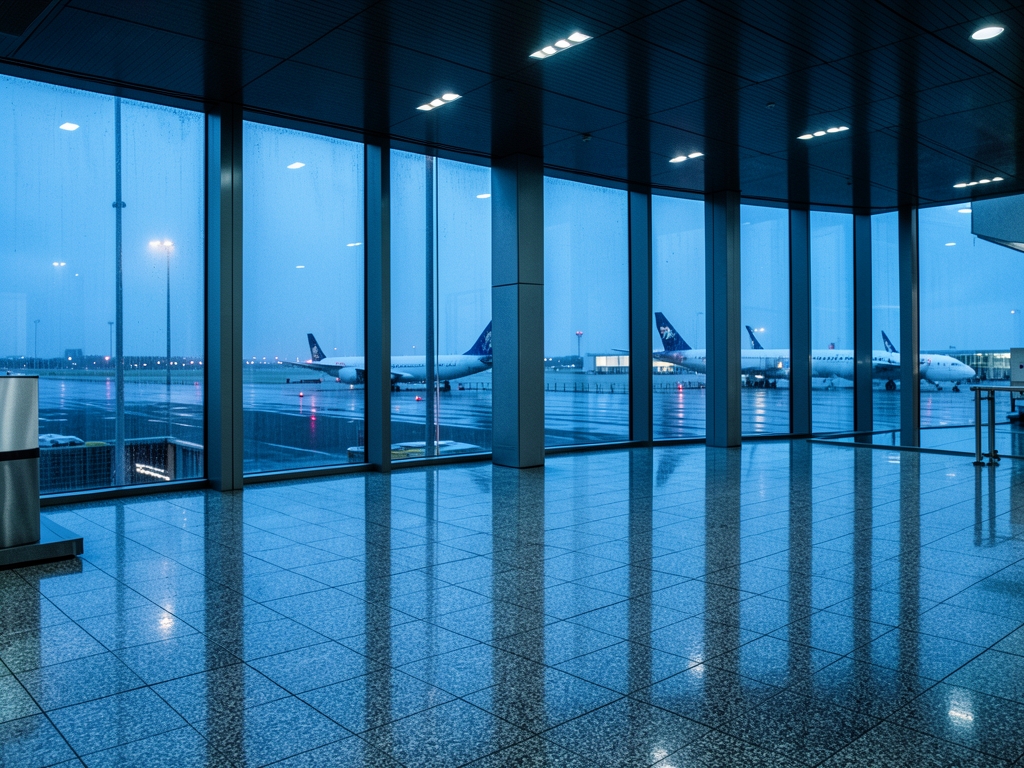 rain slicked Tokyo airport terminal twilight polished stone floor