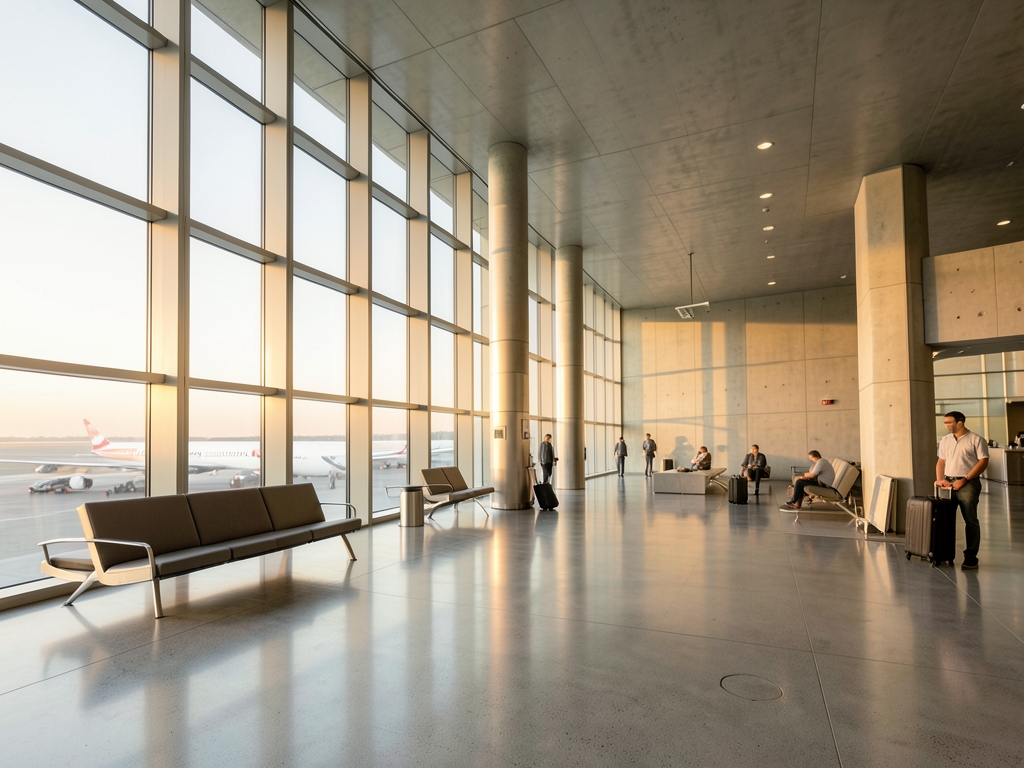 sleek airport terminal interior dawn pale golden light