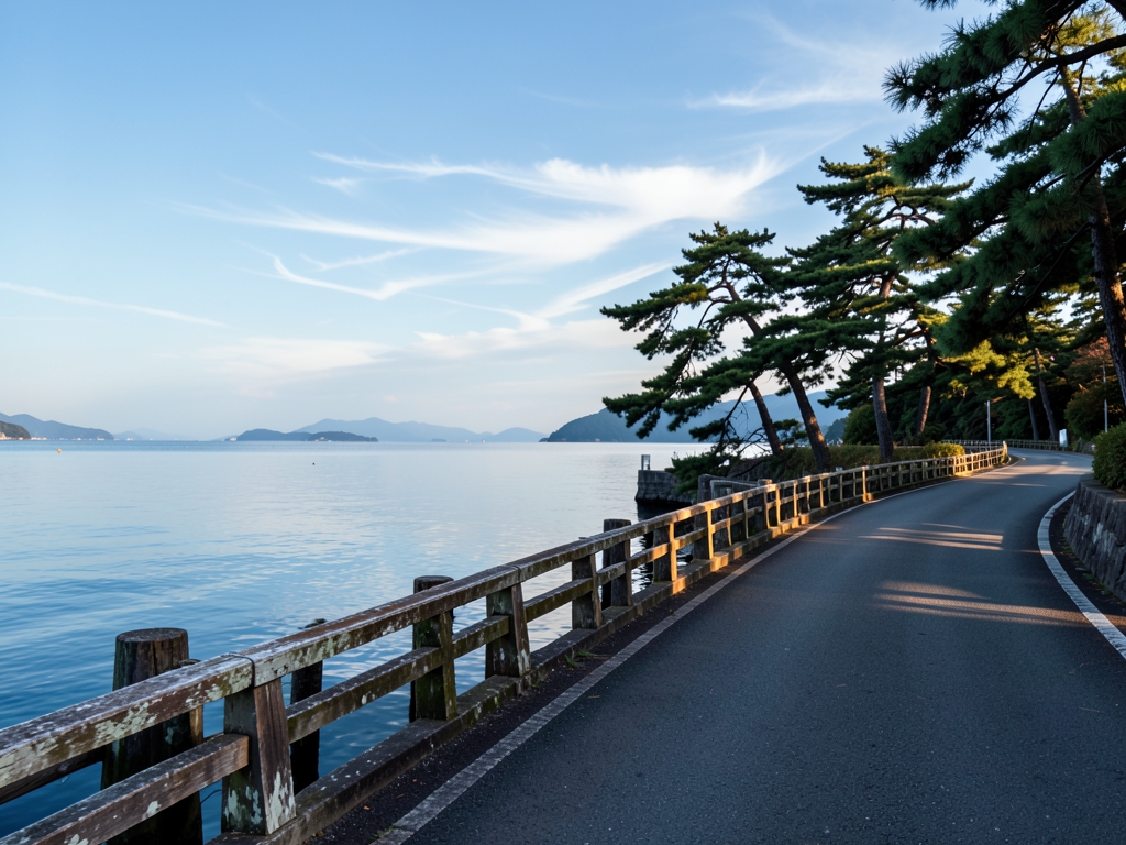 quiet coastal road winds along calm Japanese bay