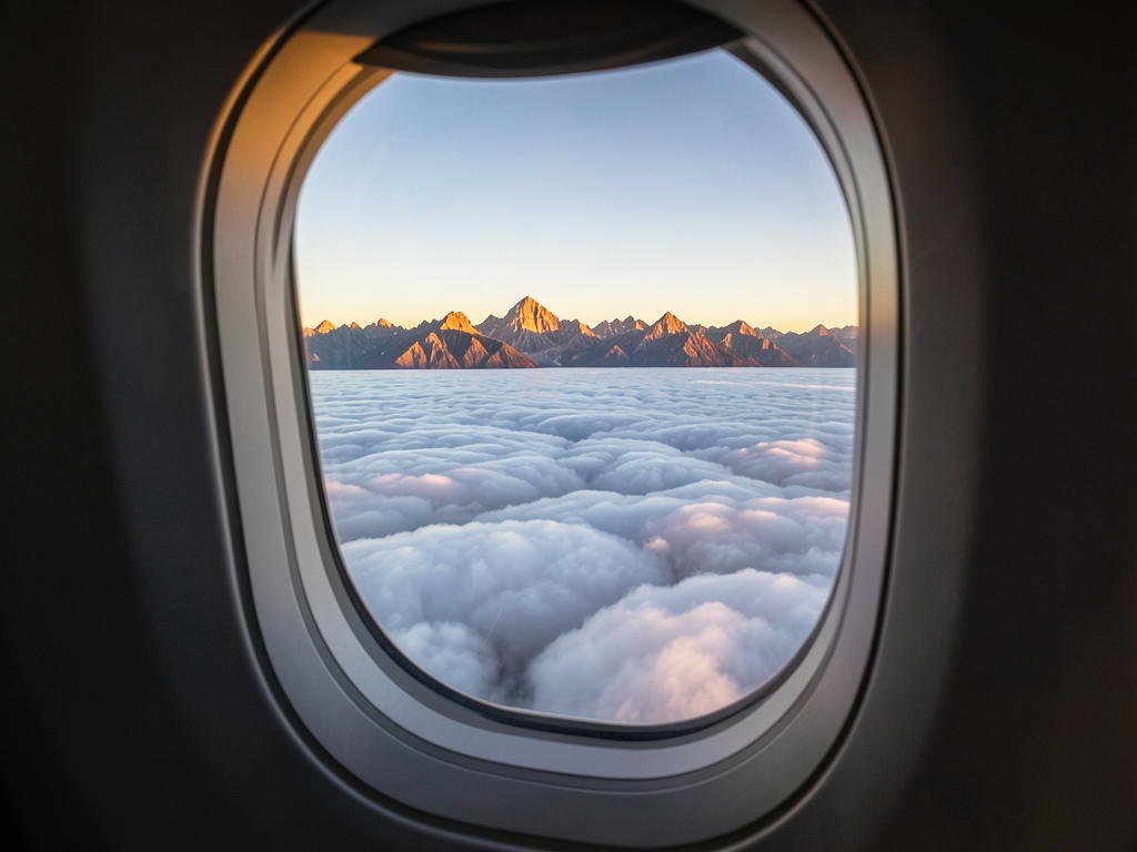 Golden hour view from modern airplane window overlooking