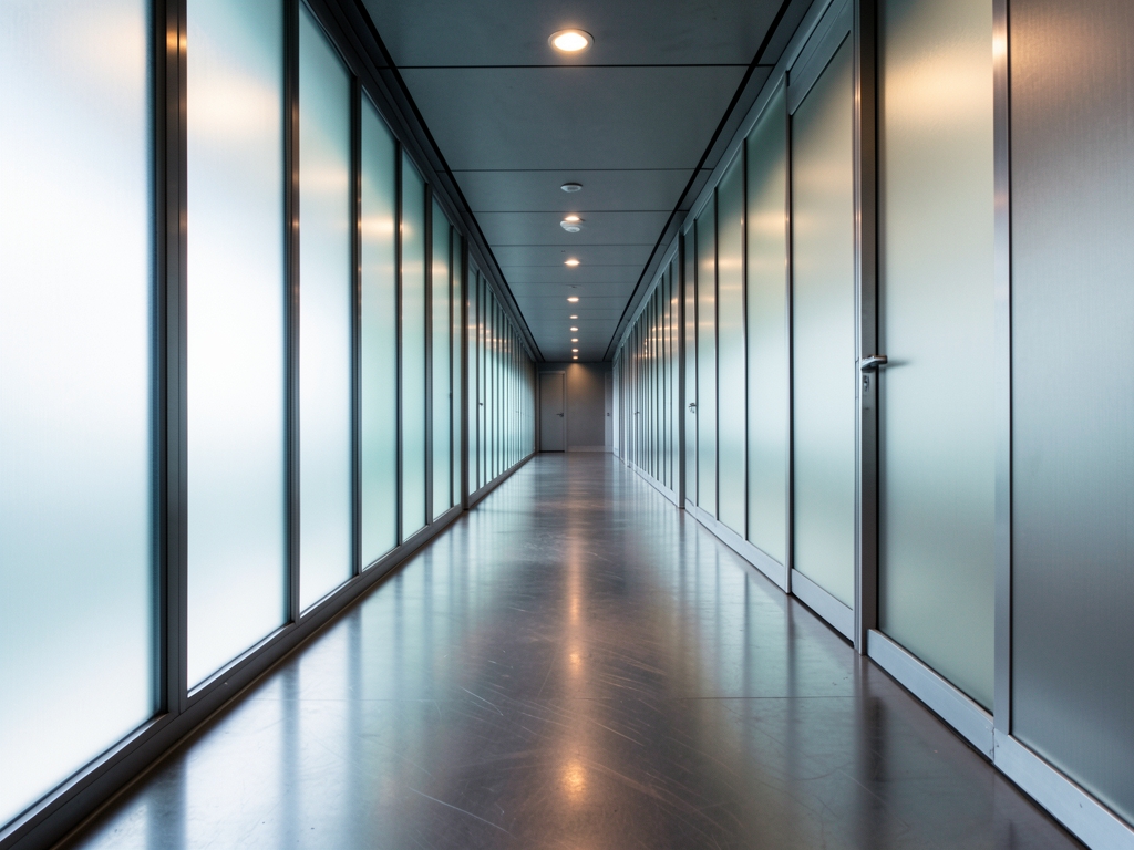 long empty corridor frosted glass brushed steel dimly