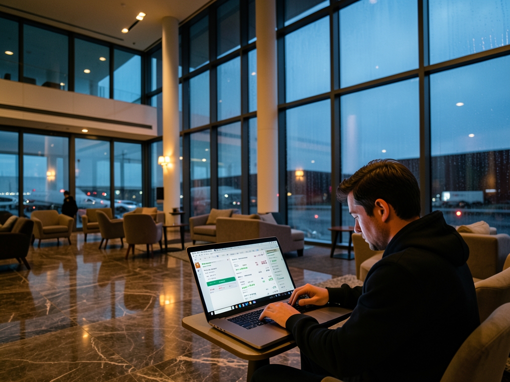 moody airport lounge dusk with rain streaking floor to ceiling