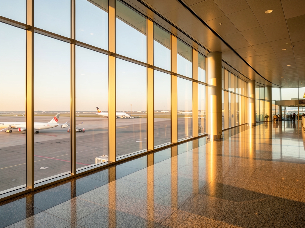 Expansive airport terminal interior with floor to ceiling glass walls
