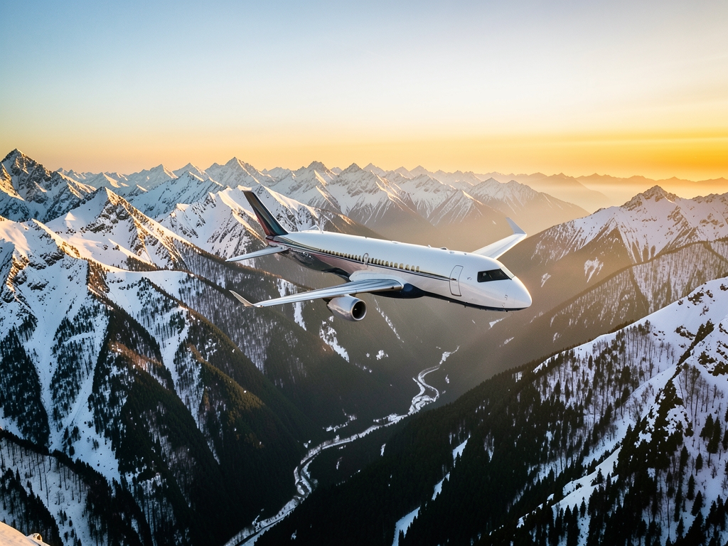 Aerial view sleek aircraft gliding over snow capped Japanese